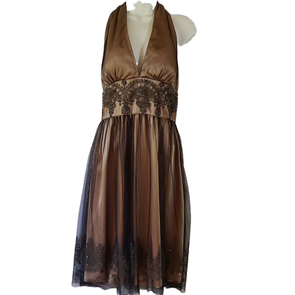Adrianna Papell Boutique Halter Dress Champagne Gold Black Sequin Tulle sz 8